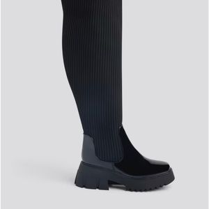 Thigh high cloth and patent boots (large spandex leg shaft) Will fit larger calf